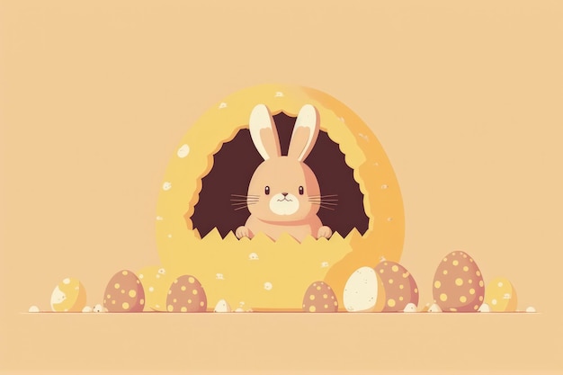 Simple illustration of an easter bunny rabbit hiding in eggs with a yellow pastel backdrop Easter vacation idea