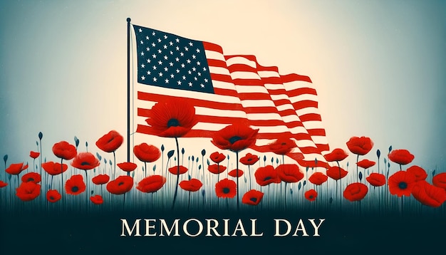 Simple illustration for memorial day with waving american flag and field of red poppies