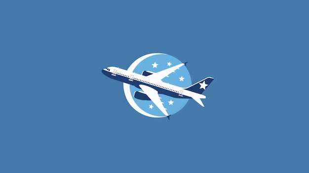 Simple illustration of a white airplane with a blue tail in a circle with stars against a light blue background