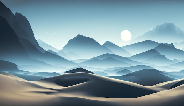 Simple landscape illustration, field, mountains and bright sky