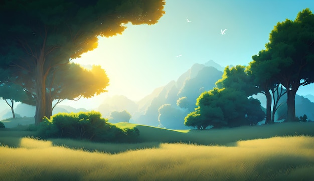 Simple landscape illustration, a green field and trees, and a bright sky in the background