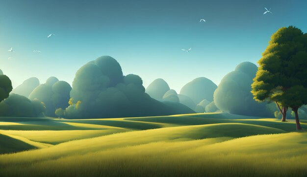 Simple landscape illustration, a green field and trees, and a bright sky in the background