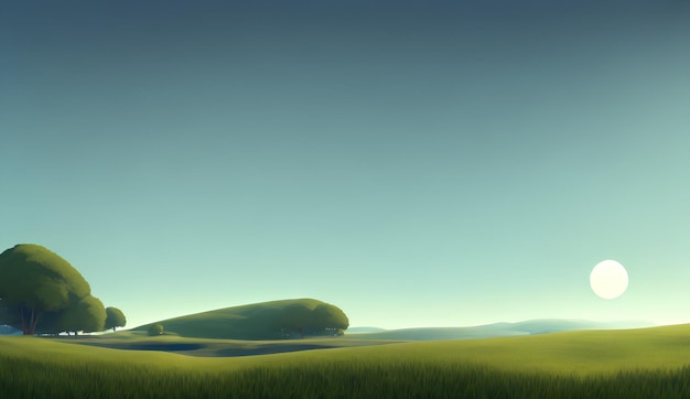 Simple landscape illustration, a green field and trees, and a bright sky in the background