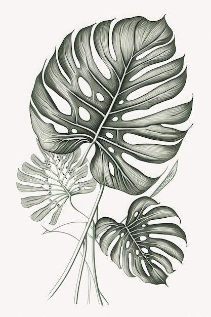 simple line art drawing of tropical leaves, white background