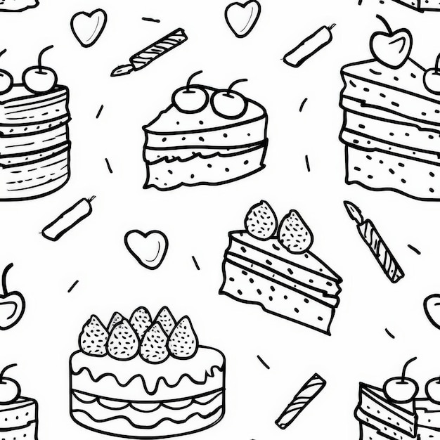 Photo a simple line drawing of birthday cake themed coloring pages patern for your little girl birthday cake slices of cake white and black thin lines wallpaper monochrome simplicity