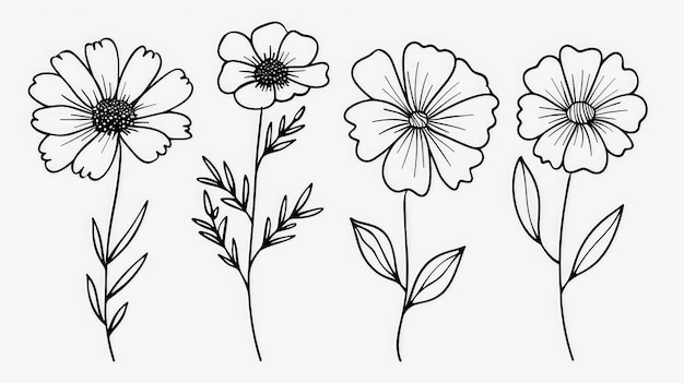 A simple line drawing of three different types of flowers in a clip art style generated with AI