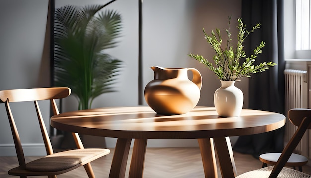 A simple living room interior a round wooden table with a jug branches and a chair Hyperrealist