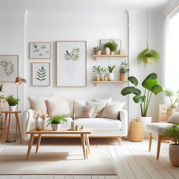 a simple living room with a couch plants and a picture of plants on the wall