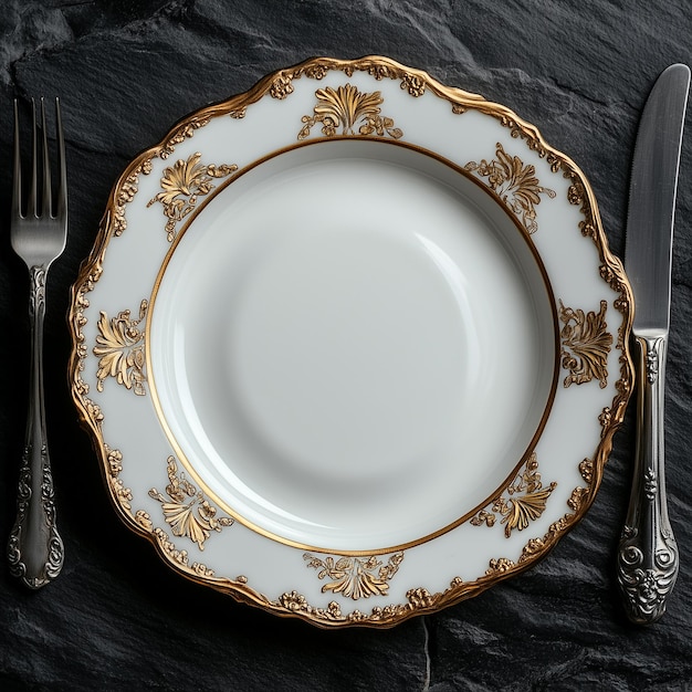 Photo simple yet luxurious dining table top view setting with plates and cutlery and golden decorations