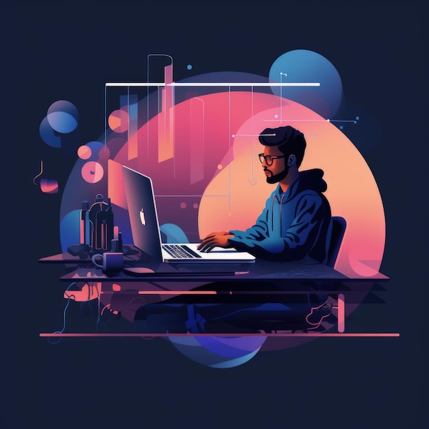 Simple Minimal Tech Illustration Man Editing Video In a Desk Generative AI