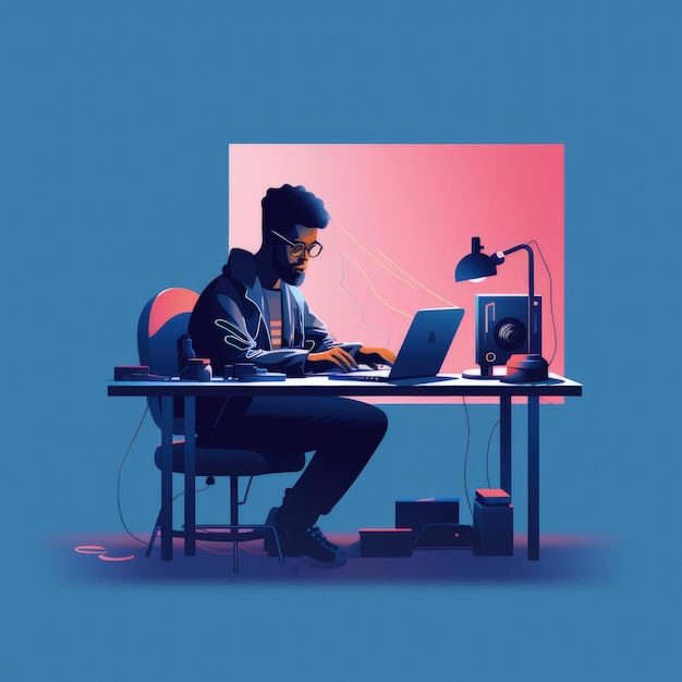 Simple Minimal Tech Illustration Man Editing Video In a Desk Generative AI