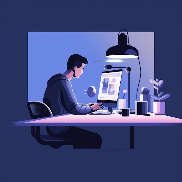 Simple Minimal Tech Illustration Man Editing Video In a Desk Generative AI