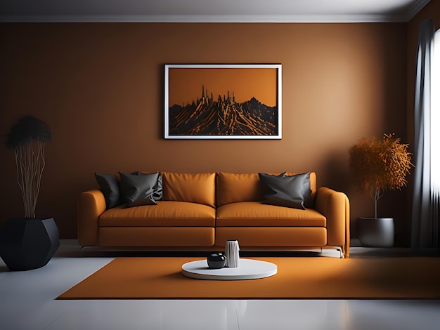 simple minimalism family room warm dramatic color 3d