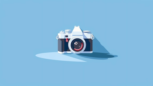 A simple and minimalist illustration of a vintage camera against a blue background