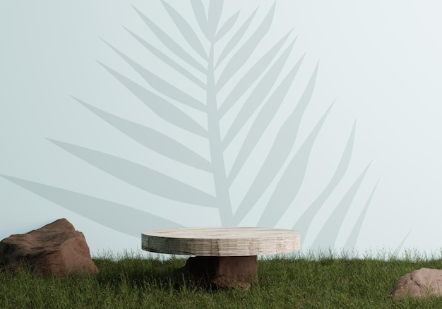 Simple minimalist marble stone plate podium with grass  and leaves for product presentation