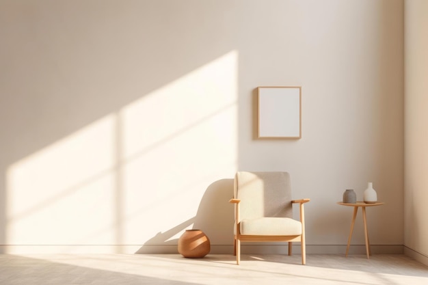 A simple minimalist setup with a lone armchair placed in the center of a clean white room Soft sunlight streams in through a large window casting subtle shadows on the floor