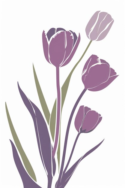 A simple minimalistic illustration of purple tulips with green foliage on a white background