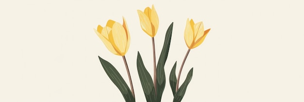 A simple minimalistic illustration of yellow tulips with green foliage on white background Greeting