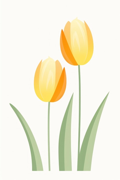 A simple minimalistic illustration of yellow tulips with green foliage on a white background