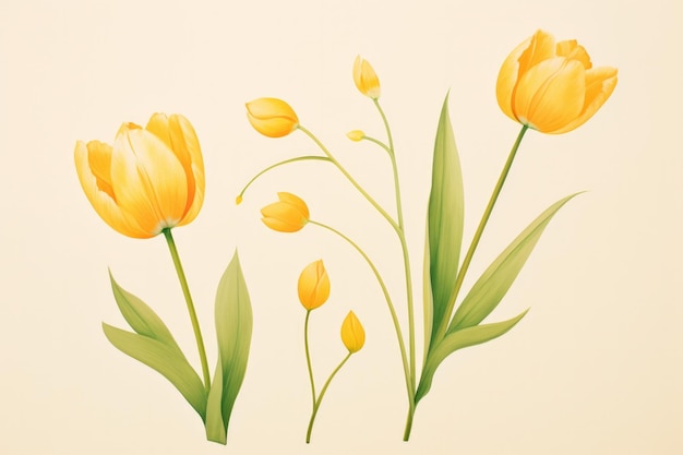 A simple minimalistic illustration of yellow tulips with green foliage on a white background