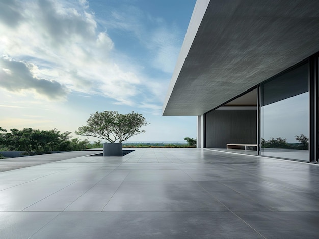 Simple modern building with wide unmanned marble floor with clean and bright sky background