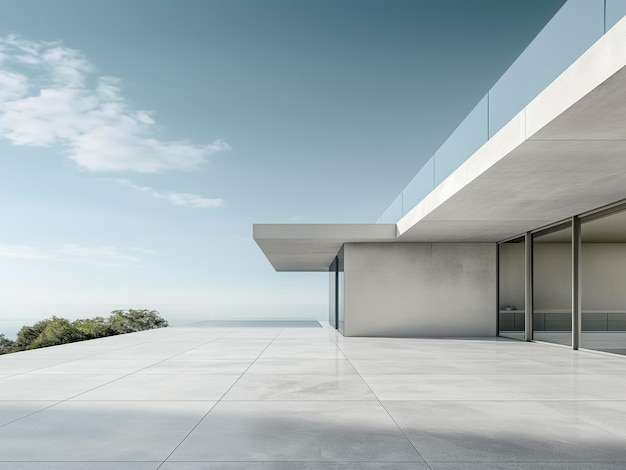 Simple modern building with wide unmanned marble floor with clean and bright sky background