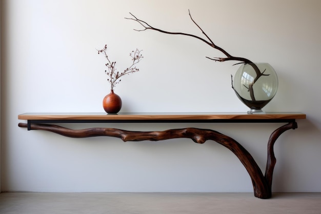 Simple and Modern Console Table with Glass Vase on Wooden Surface and Twig Painting in Interior