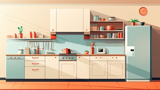 Simple modern kitchen interior in flat illustration style furniture and home decor