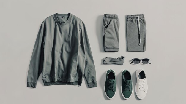 Photo a simple monochromatic outfit laid out against a neutral background the arrangement and choice of colors reflecting the minimalist approach to fashion