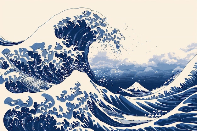 Simple navy blue silhouette of the great wave off kanagawa