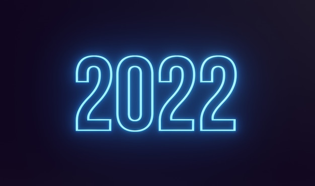 Simple neon Happy new year 2022 text on dark background 3d rendering illustration