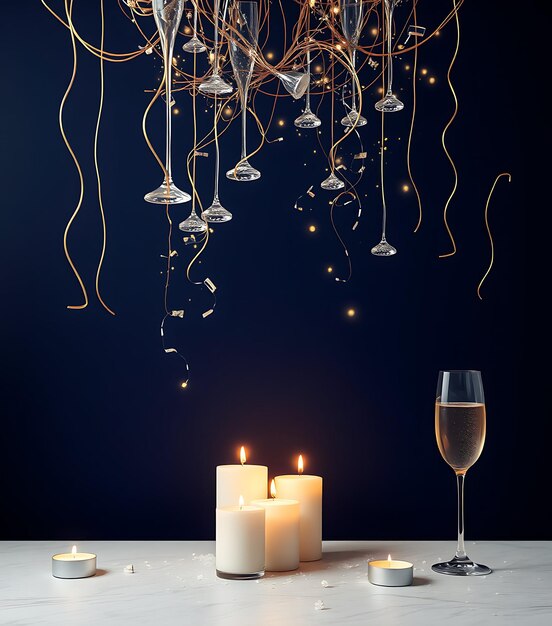 Photo simple new years cascading champagne flutes and sparkling lights hover against a rich navy backdro