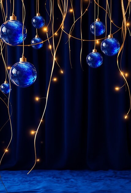 Photo simple new years cascading sapphire orbs with glowing effects hover over a velvet navy backdrop g