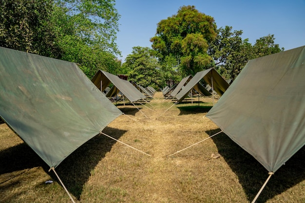 The simple and normal empty Canvas Tents in the row and column on the grass field at outdoor field in afternoon time