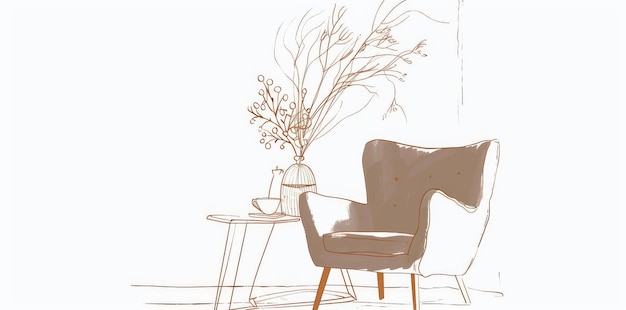 Photo a simple oneline drawing of an armchair and a table with a vase with plants scandinavian furniture with a simple linear style a doodle illustration of modern furniture