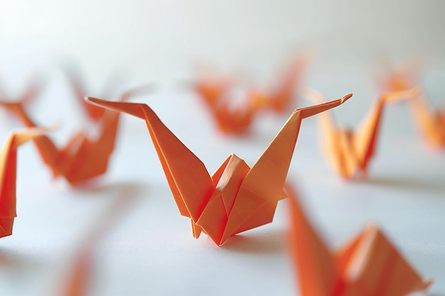 Photo a simple origami crane made from orange paper multiple cranes in the background on white backgroun