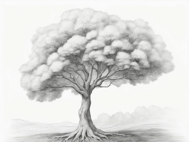 Photo a simple pencil drawing of a single tree in a field generative