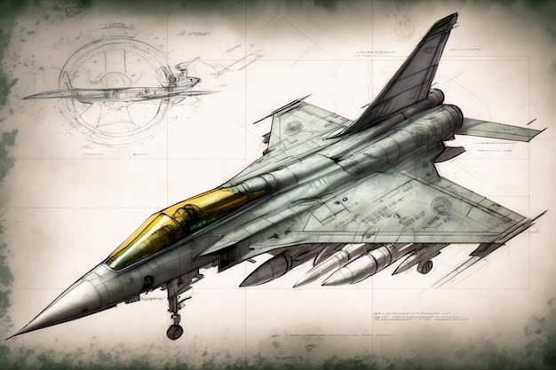 Simple pencil sketch of fighter jet with details and color added in later created with generative ai