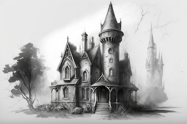 Simple pencil sketch of gothic house with turrets and smoke rising from chimney