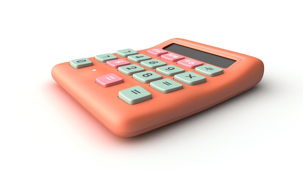 A simple pink calculator is placed on a white table The calculator is made of plastic and has a large display The keys are pink and light green