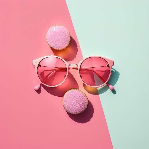 simple pink summer sunglasses on a pink flat Background, a clean and minimalist top view