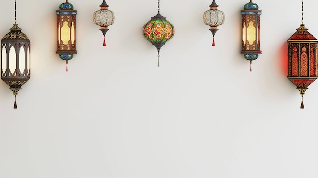 Simple plain white background surrounded by Islamic lanterns at the edge of the background