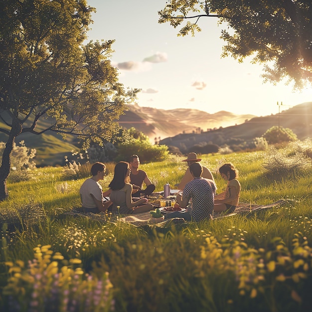 Simple Pleasures in Nature 3D Render of Friends Countryside Picnic