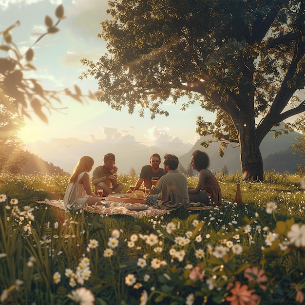 Simple Pleasures in Nature 3D Render of Friends Countryside Picnic