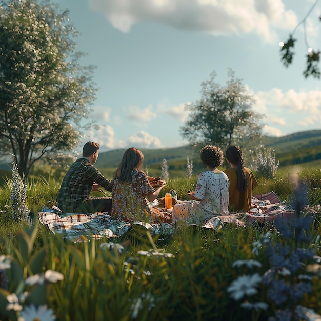 Simple Pleasures in Nature 3D Render of Friends Countryside Picnic