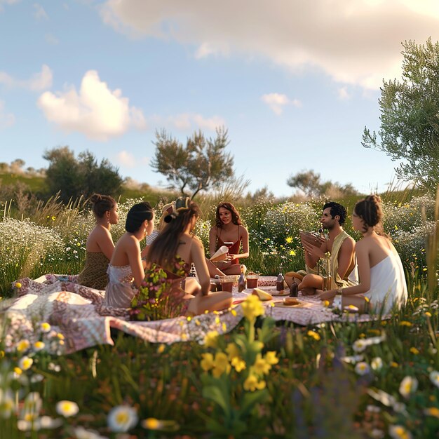 Simple Pleasures in Nature 3D Render of Friends Countryside Picnic