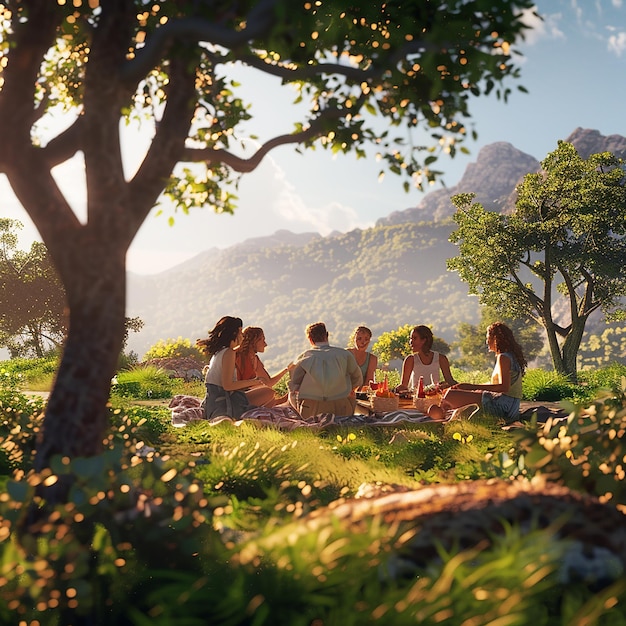 Simple Pleasures in Nature 3D Render of Friends Countryside Picnic