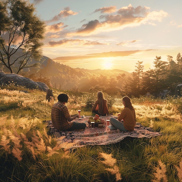 Simple Pleasures in Nature 3D Render of Friends Countryside Picnic