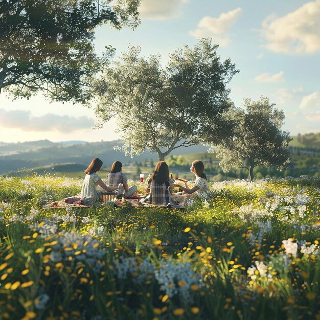 Simple Pleasures in Nature 3D Render of Friends Countryside Picnic