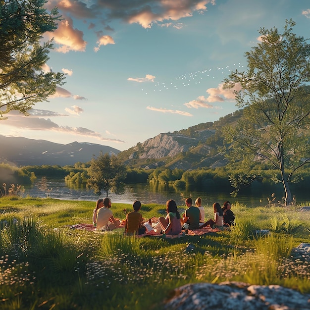 Simple Pleasures in Nature 3D Render of Friends Countryside Picnic